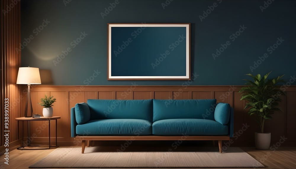 Interior mockup In a white room a blue sofa is placed next to a photo frame on the wall Interior mockup In a white room a blue sofa is placed next to a photo frame on the wall