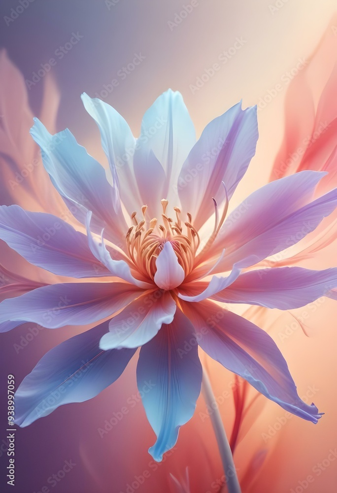 Abstract image of a flower in soft pastel colors, flowing, translucent petals with a blend of light pink, blue, and lavender hues, white background, centered composition Abstract image of a flower in soft pastel colors, flowing, translucent petals with a blend of light pink, blue, and lavender hues, white background, centered composition