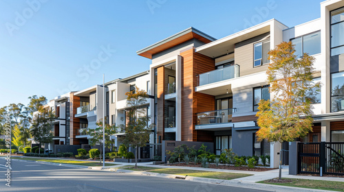 A contemporary apartment complex with clean lines and modern design elements photo