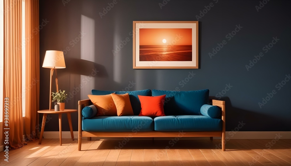 Interior mockup In a white room a blue sofa is placed next to a photo frame on the wall Interior mockup In a white room a blue sofa is placed next to a photo frame on the wall