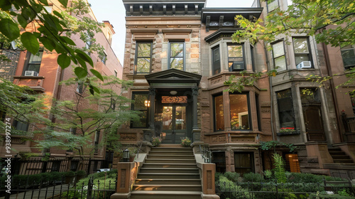 A classic American brownstone building, with a stoop and large front windows