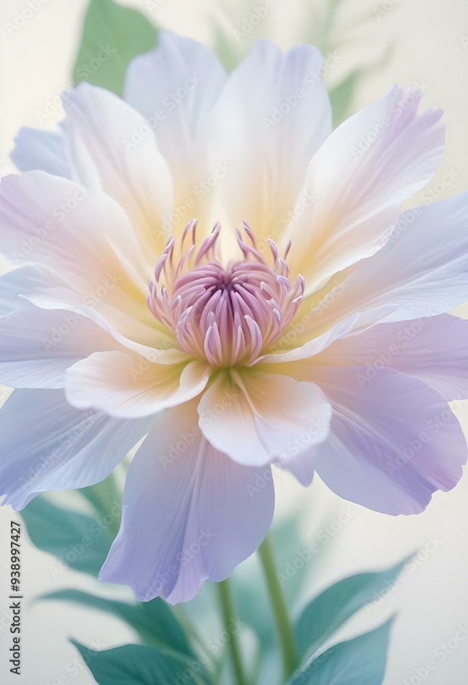 Abstract image of a flower in soft pastel colors, flowing, translucent petals with a blend of light pink, blue, and lavender hues, white background, centered composition Abstract image of a flower in soft pastel colors, flowing, translucent petals with a blend of light pink, blue, and lavender hues, white background, centered composition
