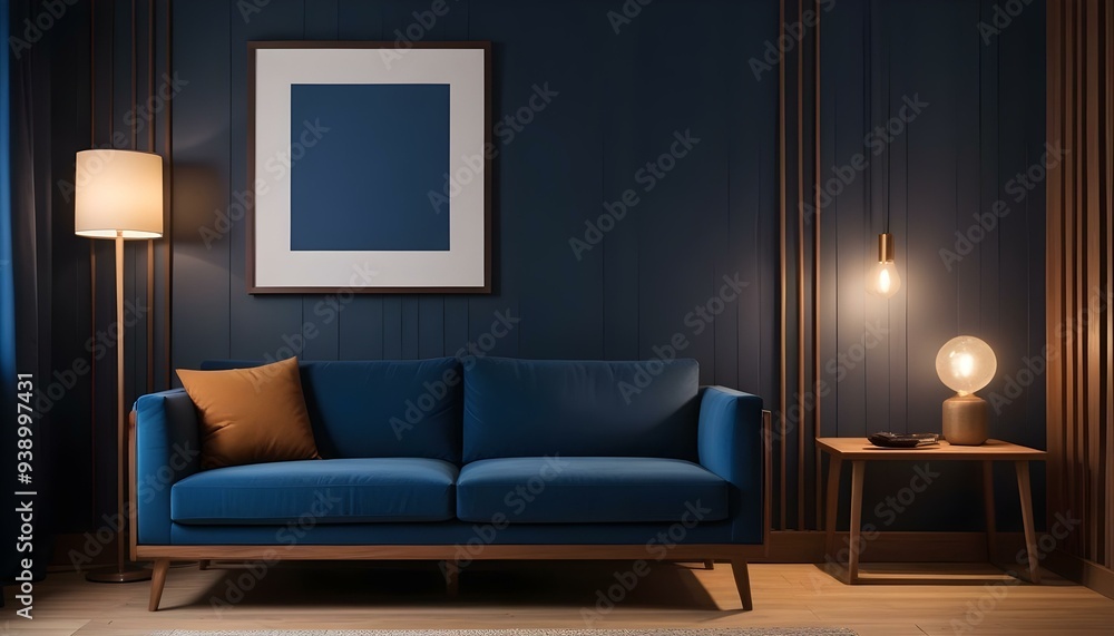 Interior mockup In a white room a blue sofa is placed next to a photo frame on the wall Interior mockup In a white room a blue sofa is placed next to a photo frame on the wall