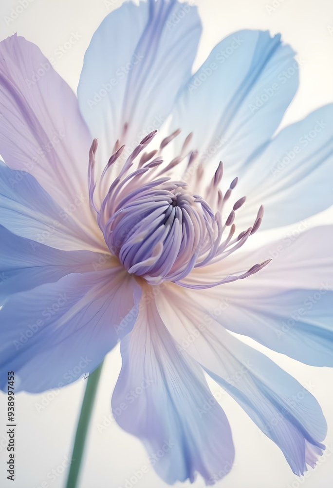 Fototapeta premium Abstract image of a flower in soft pastel colors, flowing, translucent petals with a blend of light pink, blue, and lavender hues, white background, centered composition