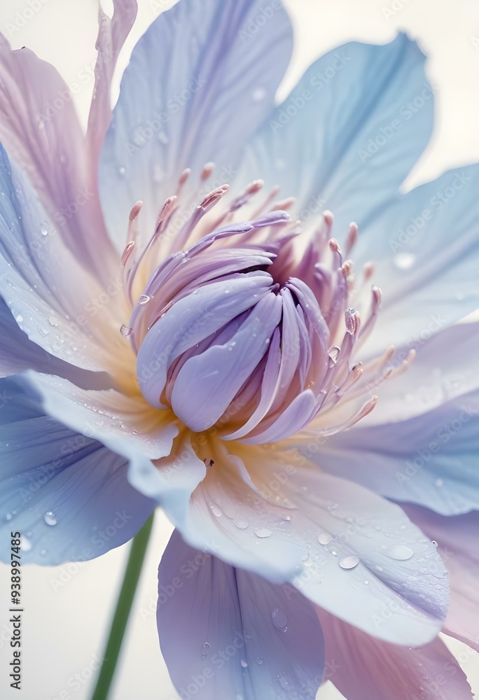 Abstract image of a flower in soft pastel colors, flowing, translucent petals with a blend of light pink, blue, and lavender hues, white background, centered composition Abstract image of a flower in soft pastel colors, flowing, translucent petals with a blend of light pink, blue, and lavender hues, white background, centered composition