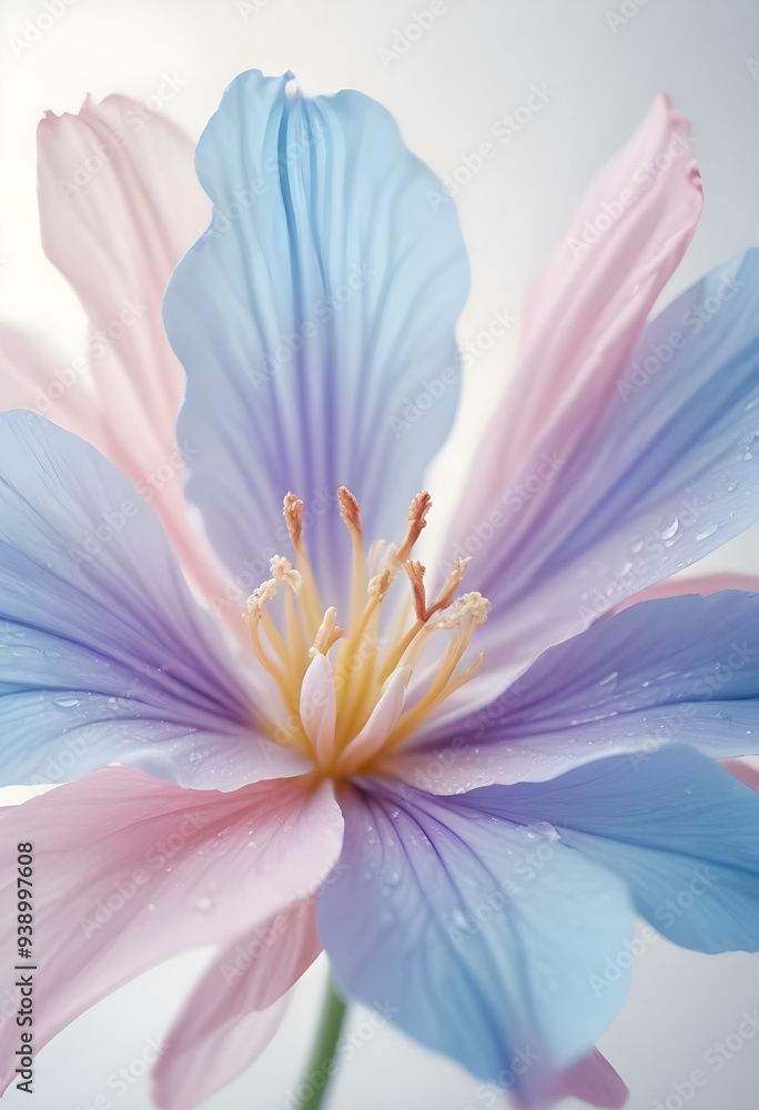 Abstract image of a flower in soft pastel colors, flowing, translucent petals with a blend of light pink, blue, and lavender hues, white background, centered composition Abstract image of a flower in soft pastel colors, flowing, translucent petals with a blend of light pink, blue, and lavender hues, white background, centered composition