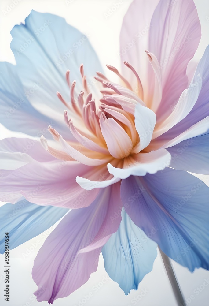 Abstract image of a flower in soft pastel colors, flowing, translucent petals with a blend of light pink, blue, and lavender hues, white background, centered composition Abstract image of a flower in soft pastel colors, flowing, translucent petals with a blend of light pink, blue, and lavender hues, white background, centered composition