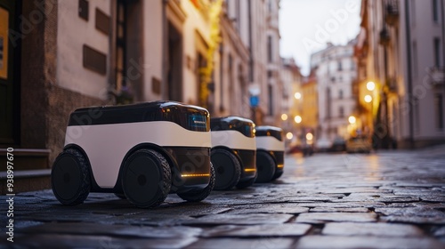 Autonomous delivery robots on a city street, showcasing innovation in logistics and delivery services.