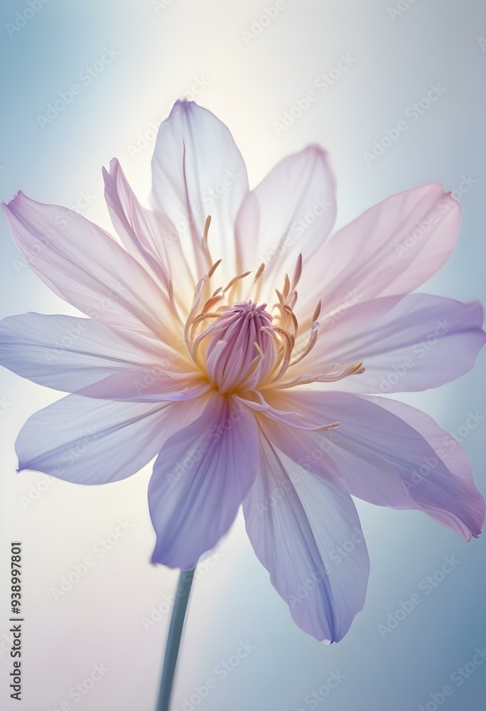 Fototapeta premium Abstract image of a flower in soft pastel colors, flowing, translucent petals with a blend of light pink, blue, and lavender hues, white background, centered composition