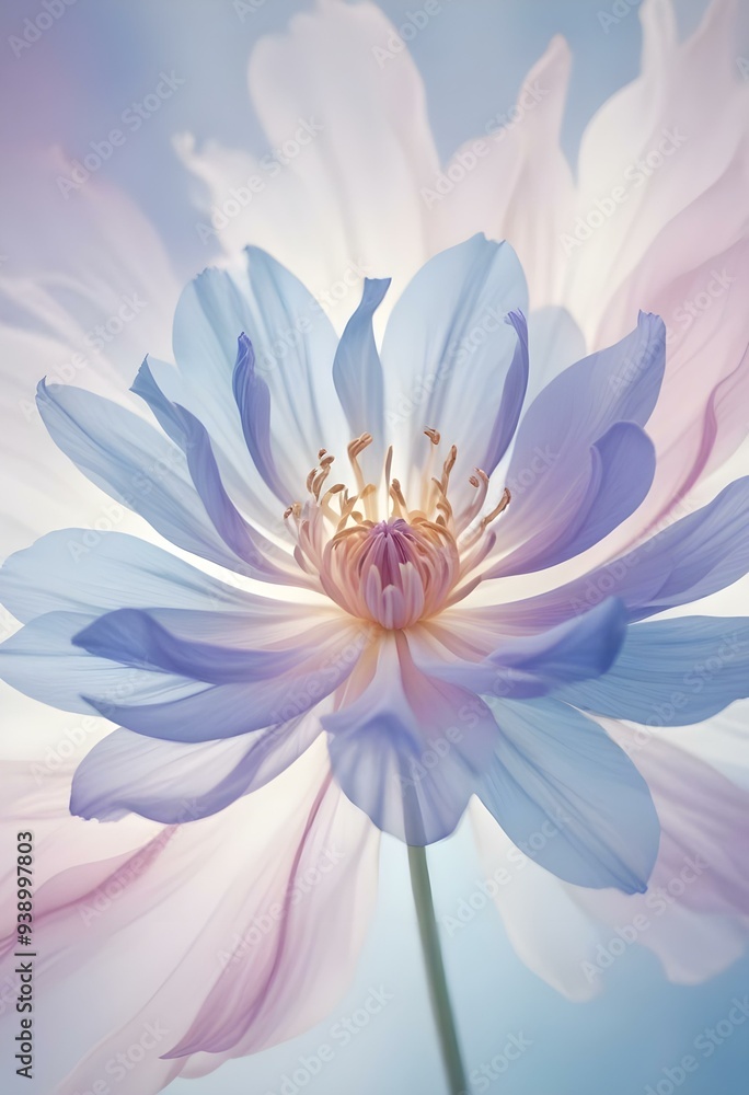 Obraz premium Abstract image of a flower in soft pastel colors, flowing, translucent petals with a blend of light pink, blue, and lavender hues, white background, centered composition