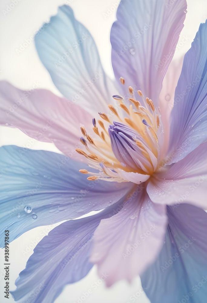 Fototapeta premium Abstract image of a flower in soft pastel colors, flowing, translucent petals with a blend of light pink, blue, and lavender hues, white background, centered composition