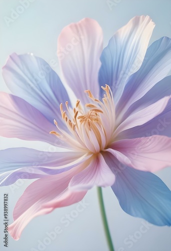 Abstract image of a flower in soft pastel colors, flowing, translucent petals with a blend of light pink, blue, and lavender hues, white background, centered composition