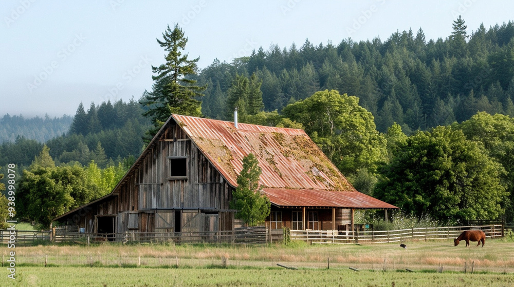 A rustic barn-style building in a rural setting, surrounded by fields and trees