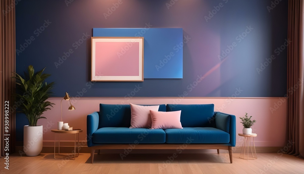 Interior mockup In a white room a blue sofa is placed next to a photo frame on the wall Interior mockup In a white room a blue sofa is placed next to a photo frame on the wall