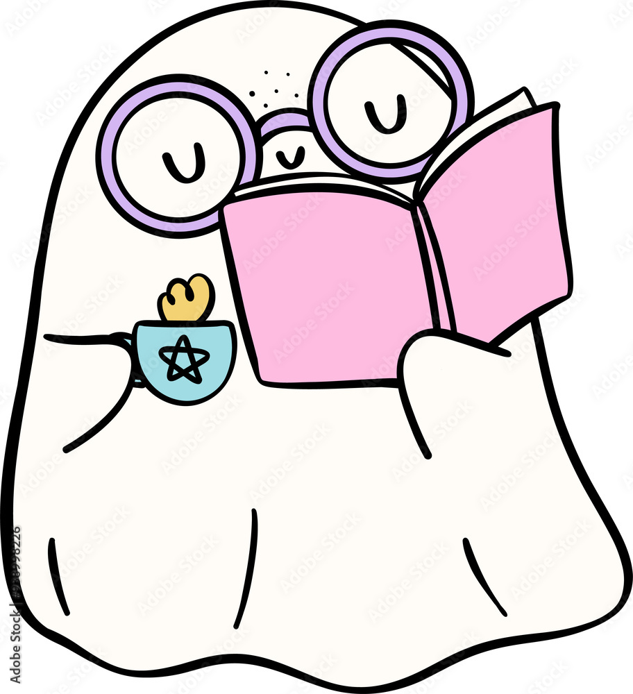 Obraz premium Bookish Ghost Reading Pastel Halloween Trendy Retro Groovy Cartoon Doodle