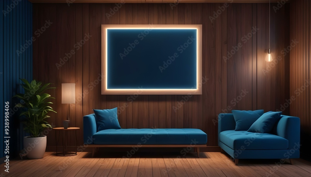 Interior mockup In a white room a blue sofa is placed next to a photo frame on the wall Interior mockup In a white room a blue sofa is placed next to a photo frame on the wall