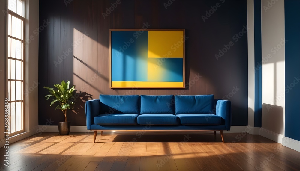 Interior mockup In a white room a blue sofa is placed next to a photo frame on the wall Interior mockup In a white room a blue sofa is placed next to a photo frame on the wall