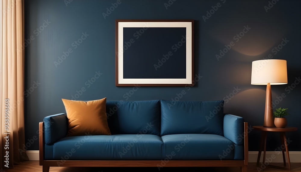 Interior mockup In a white room a blue sofa is placed next to a photo frame on the wall Interior mockup In a white room a blue sofa is placed next to a photo frame on the wall