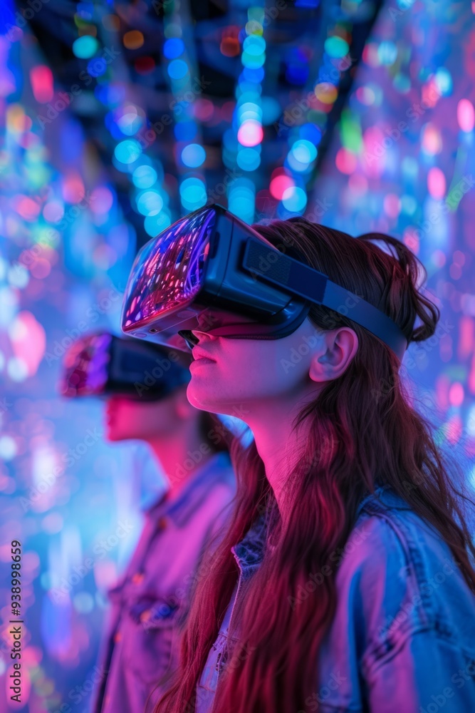 Participants engage with virtual reality equipment surrounded by vibrant digital displays Participants engage with virtual reality equipment surrounded by vibrant digital displays
