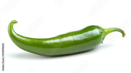 A vibrant green Anaheim chili pepper is displayed on a pristine white background, emphasizing its smooth skin and fresh appearance, highlighting its culinary potential photo