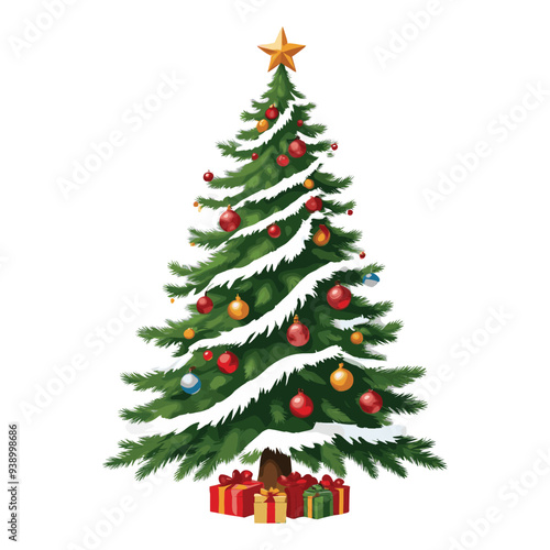 Christmas Tree Surrounded by Colorful Gifts and Golden Star