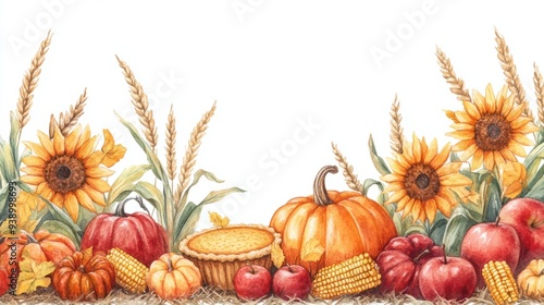 Thanksgiving, harvest day watercolor illustatration concept. Horizontal border with pumpkins, pumpkin pie, corn cobs, apples, sunflowers and wheat. Thanksgiving day card. photo