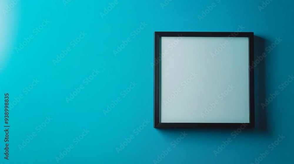 A sleek black photo frame stands upright against a soft blue gradient backdrop, highlighting its minimalist design and modern aesthetic in a calm environment A sleek black photo frame stands upright against a soft blue gradient backdrop, highlighting its minimalist design and modern aesthetic in a calm environment