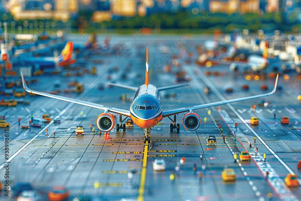 © Ai - airport timetable, viewed from a high-angle perspective on a sunny summer day, reveals a bustling schedule of arrivals and departures, with planes taxiing on tarmac, passengers bustling through termi