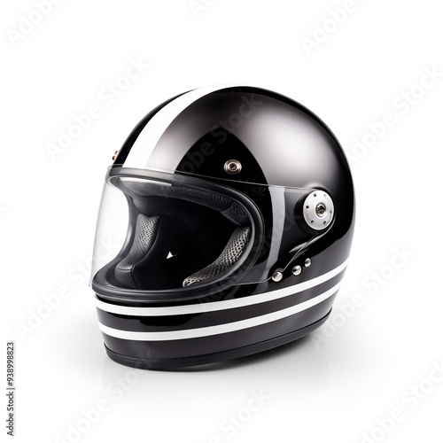 Modern and fashionable motorcycle helmet with black and white retro biker indie style, with transparent background and shadow.