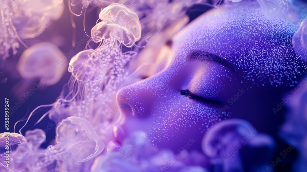 Fototapeta premium Beauty sleeping, blue background, an artificial intelligence jellyfish ,jellyfish, blue, sea, water, fish, underwater, abstract, ocean, jelly, smoke, animal, black, aquarium, light, marine, medusa, 