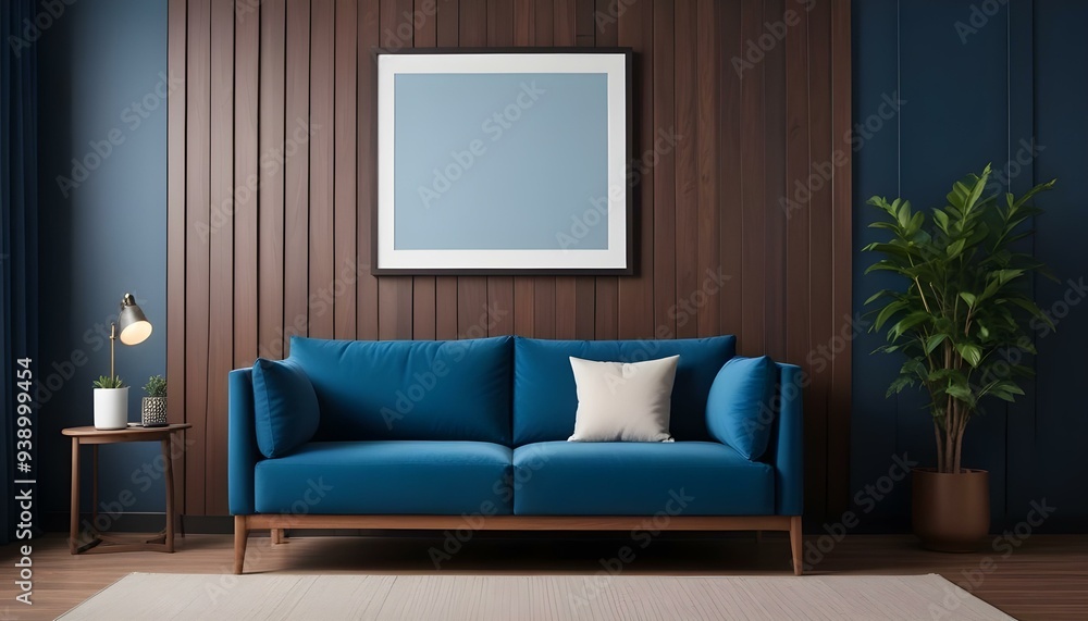 Interior mockup In a white room a blue sofa is placed next to a photo frame on the wall Interior mockup In a white room a blue sofa is placed next to a photo frame on the wall