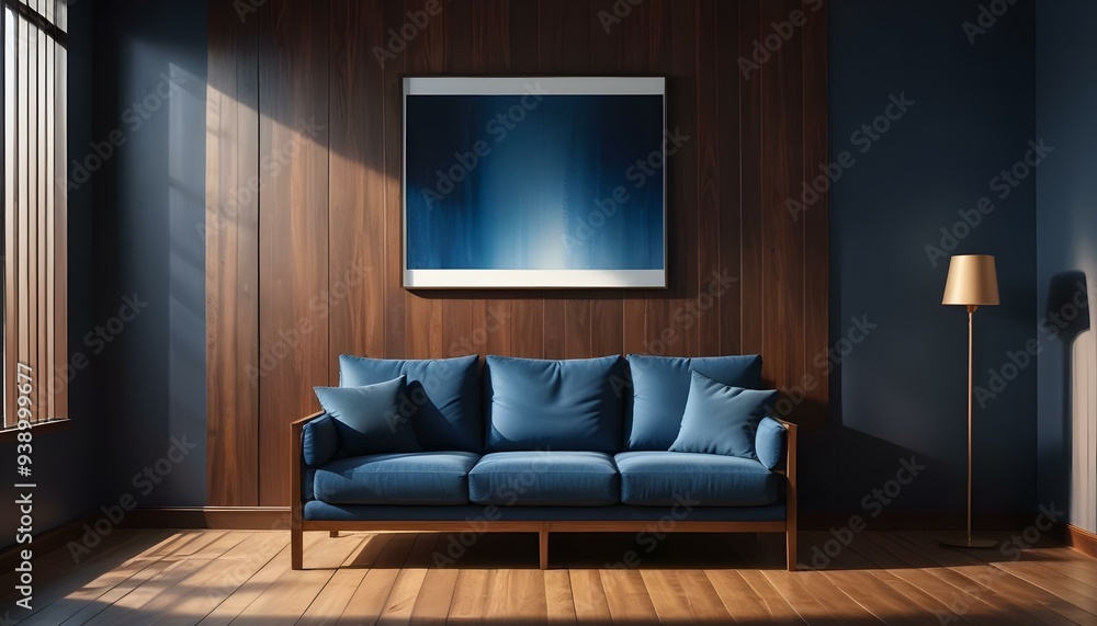 Interior mockup In a white room a blue sofa is placed next to a photo frame on the wall Interior mockup In a white room a blue sofa is placed next to a photo frame on the wall