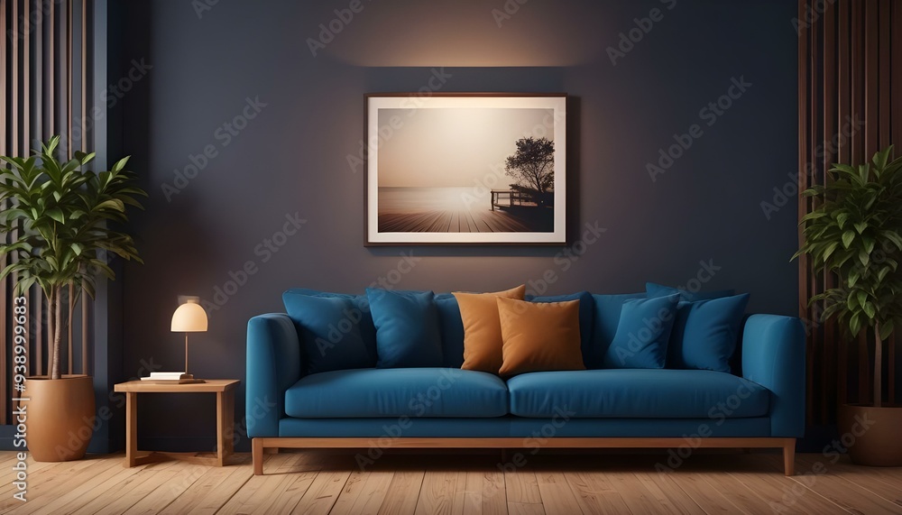 Interior mockup In a white room a blue sofa is placed next to a photo frame on the wall Interior mockup In a white room a blue sofa is placed next to a photo frame on the wall