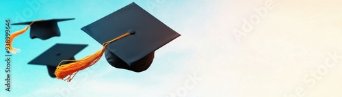 Celebrate achievements with graduation caps flying against a vibrant sky, symbolizing success and new beginnings. photo