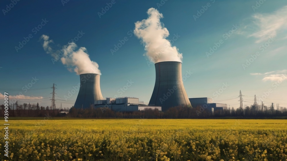 Sunny day landscape showing a Nuclear power Sunny day landscape showing a Nuclear power