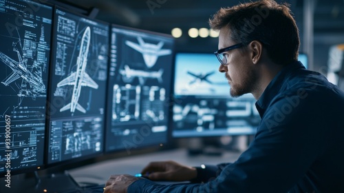 An engineer focuses on complex aircraft designs displayed across multiple high-resolution screens in a sleek, modern workspace, showcasing his dedication to precision photo