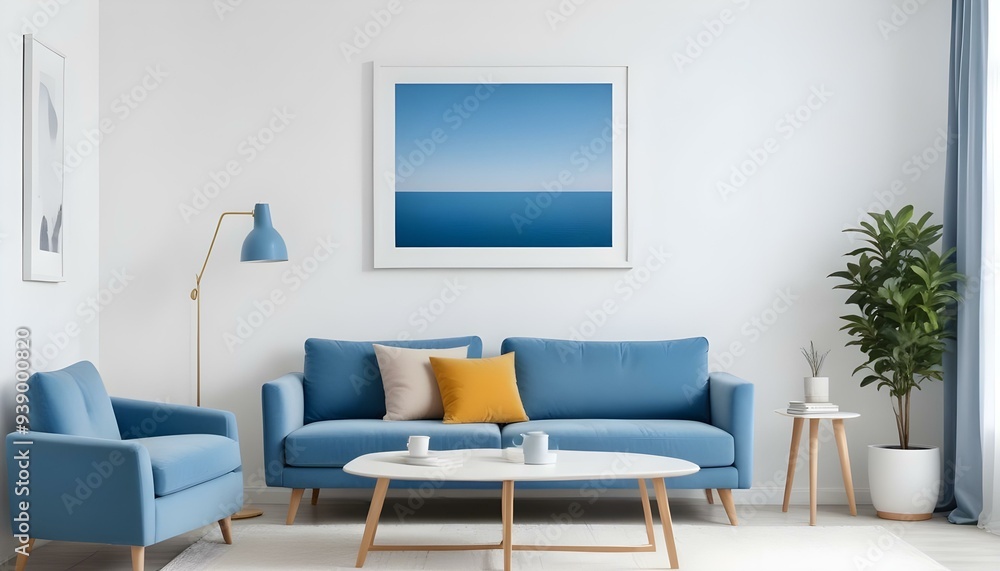 Interior mockup In a white room a blue sofa is placed next to a photo frame on the wall Interior mockup In a white room a blue sofa is placed next to a photo frame on the wall