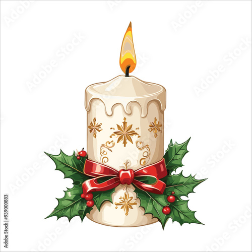 Elegant Cream Candle with Gold Accents and Red Bow