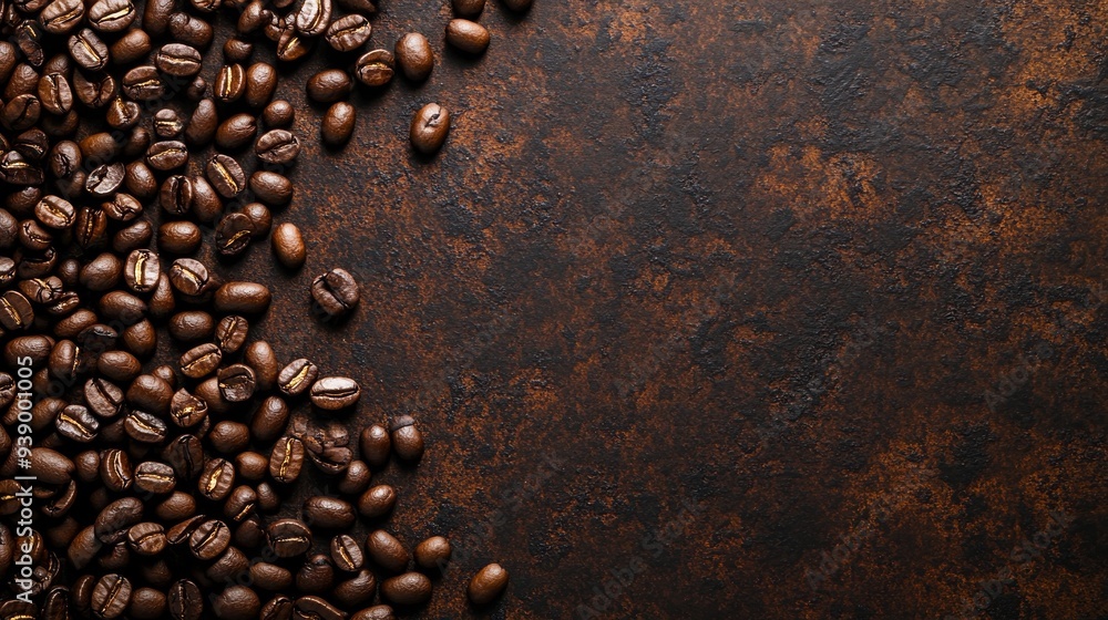 A closeup view highlights a textured surface covered with rich roasted coffee beans, showcasing their glossy sheen and inviting a sensory experience of aroma and taste A closeup view highlights a textured surface covered with rich roasted coffee beans, showcasing their glossy sheen and inviting a sensory experience of aroma and taste