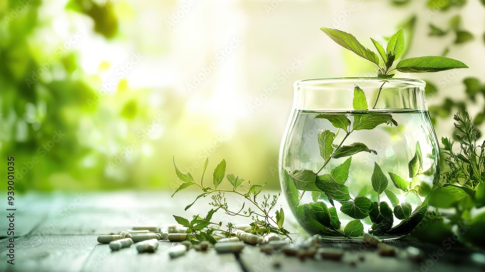 Watercolor illustration of herbal medicine with vibrant herbs and plants on the left side, featuring empty copyspace on the right. Watercolor illustration of herbal medicine with vibrant herbs and plants on the left side, featuring empty copyspace on the right.