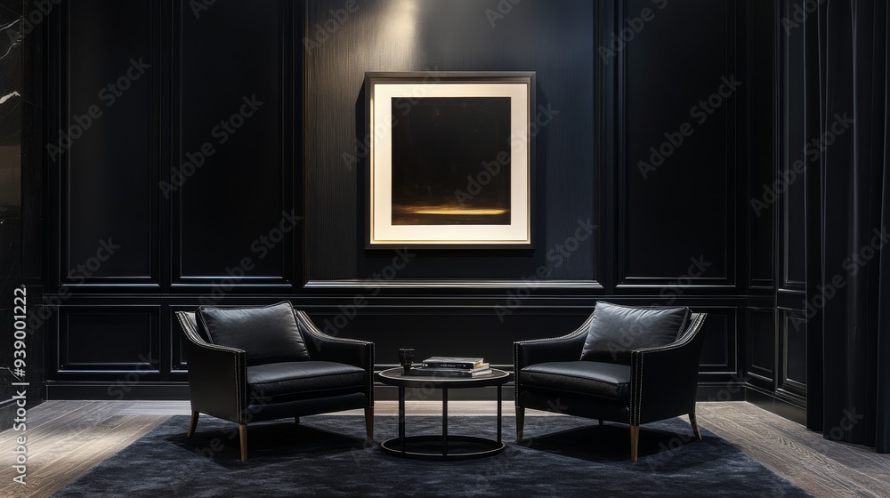 This classic interior features a pair of elegant black armchairs paired with a matching coffee table, creating a refined atmosphere ideal for relaxation or conversation This classic interior features a pair of elegant black armchairs paired with a matching coffee table, creating a refined atmosphere ideal for relaxation or conversation