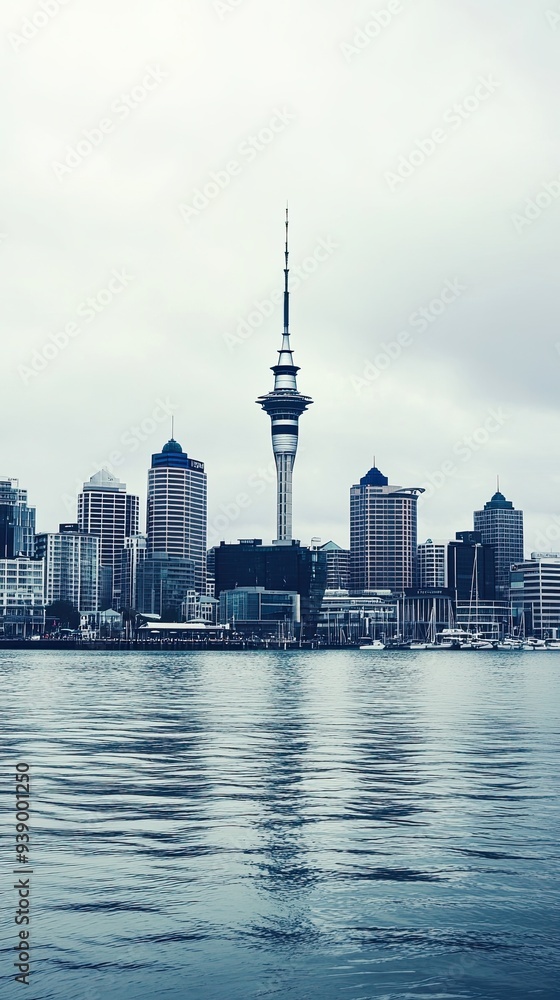 Obraz premium Sky Tower Over Auckland Skyline Reflected in Water
