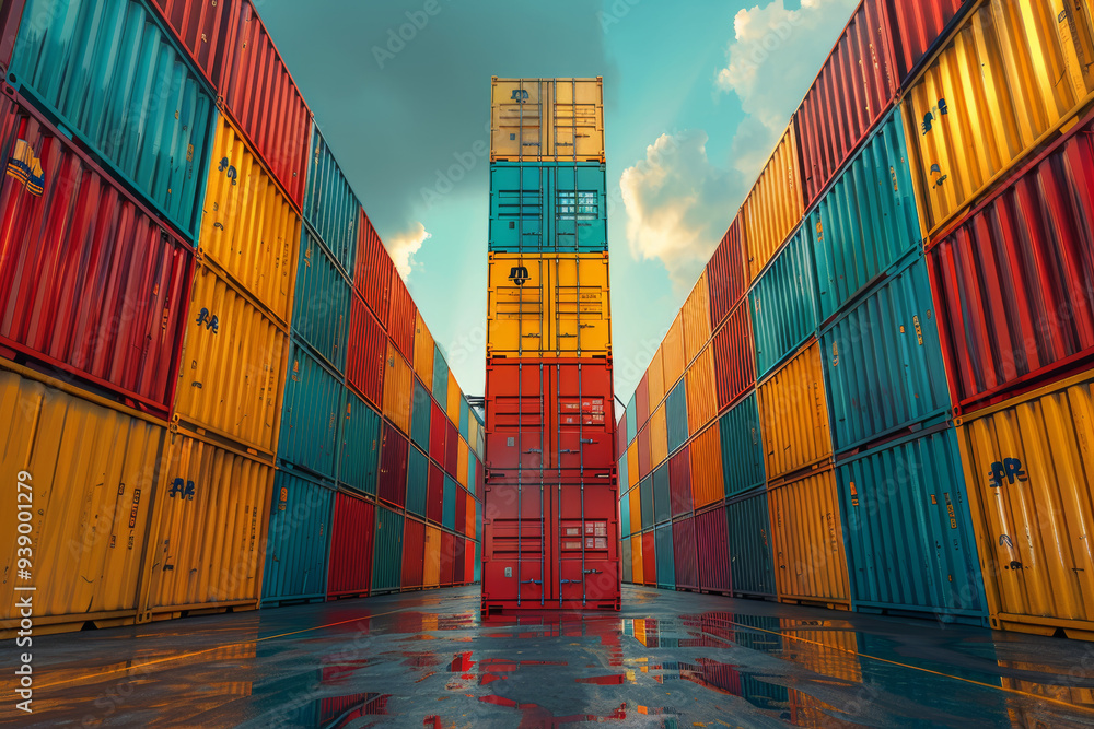 Fototapeta premium Vibrant, colorful shipping containers stacked high in an industrial yard, symbolizing global trade, logistics, and cargo management. 