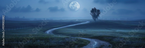 Moonlit Path: A winding dirt road disappears into the distance, shrouded in the eerie light of a full moon. photo