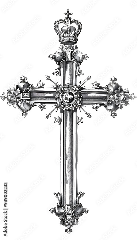 Cross and Crown Christianity black and white illustration Cross and Crown Christianity black and white illustration