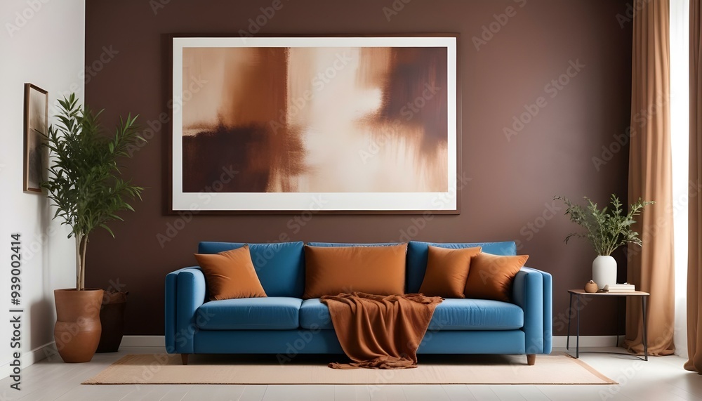 Interior mockup In a white room a blue sofa is placed next to a photo frame on the wall Interior mockup In a white room a blue sofa is placed next to a photo frame on the wall