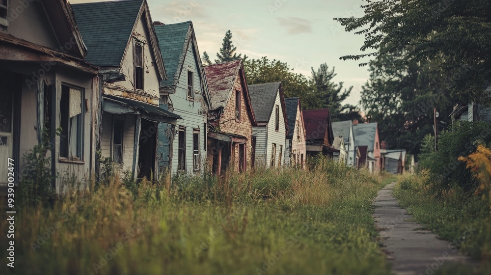 A row of crumbling houses lines the forgotten street, showcasing broken windows and weathered facades surrounded by overgrown grass and weeds, reflecting years of neglect A row of crumbling houses lines the forgotten street, showcasing broken windows and weathered facades surrounded by overgrown grass and weeds, reflecting years of neglect