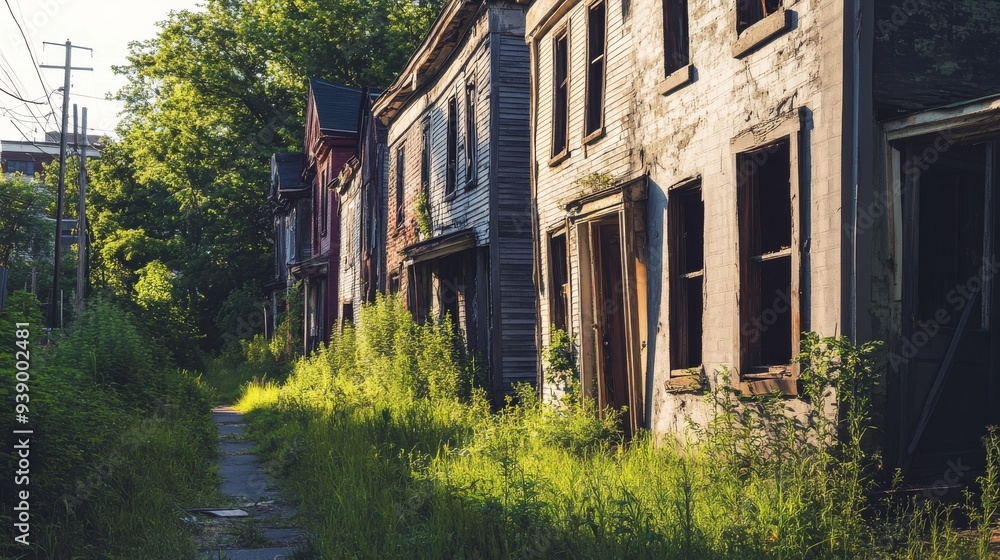 A row of dilapidated houses stands in an overgrown abandoned neighborhood, showcasing broken windows and crumbling facades under the bright daylight A row of dilapidated houses stands in an overgrown abandoned neighborhood, showcasing broken windows and crumbling facades under the bright daylight