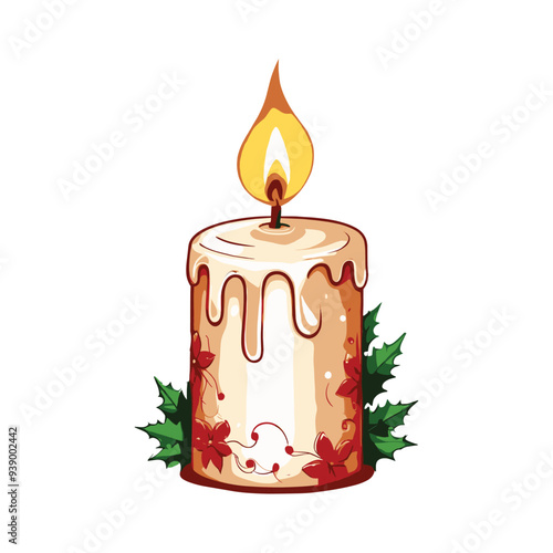 Holiday Candle with Dripping Wax and Festive Accents