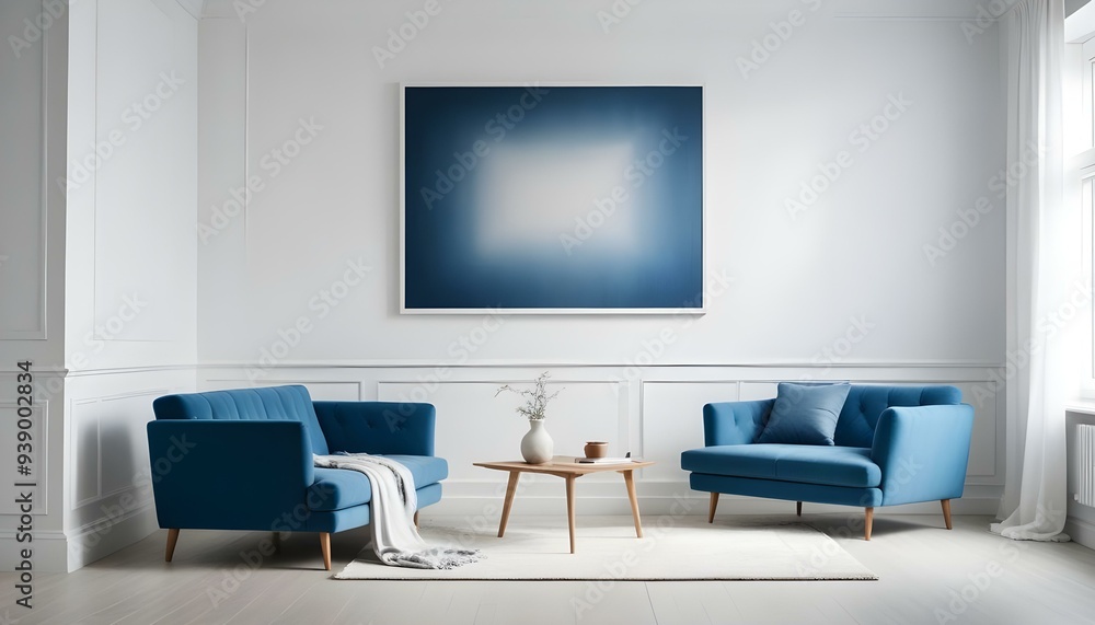 Interior mockup In a white room a blue sofa is placed next to a photo frame on the wall Interior mockup In a white room a blue sofa is placed next to a photo frame on the wall